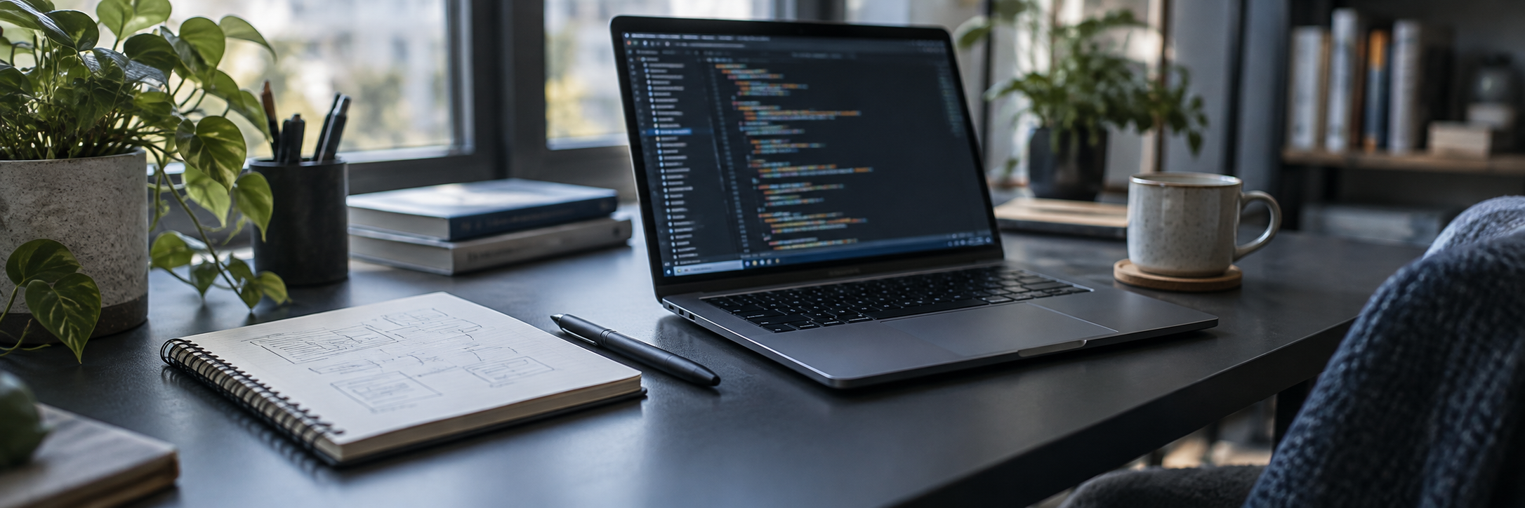 Illustrative software development workspace with a laptop and notebook